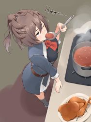 Rule 34 | 1girl, absurdres, ascot, befu, blue eyes, brown hair, flower, food, from behind, gloves, highres, kantai collection, ladle, long hair, military, military uniform, pleated skirt, ponytail, pot, red ascot, red flower, red rose, rose, sheffield (kancolle), skirt, solo, standing, stove, tasting, turkey (food), uniform, white gloves, white skirt