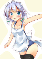 Rule 34 | 1girl, absurdres, alternate costume, apron, bare shoulders, black thighhighs, blue eyes, blush, braid, breasts, cleavage, collarbone, highres, izayoi sakuya, kuzumomo, looking at viewer, maid headdress, open mouth, school swimsuit, silver hair, solo, swimsuit, thighhighs, touhou, twin braids, yellow background