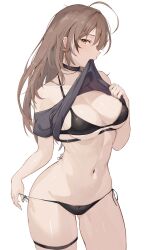Rule 34 | 1girl, ahoge, bikini, bikini bottom pull, black bikini, black choker, breasts, brown eyes, brown hair, choker, chyraliss, clothes in mouth, clothes lift, cowboy shot, earrings, highres, hololive, hololive english, jewelry, medium breasts, mouth hold, multicolored hair, nanashi mumei, navel, shirt in mouth, shirt lift, signature, simple background, solo, stomach, strap pull, streaked hair, swimsuit, thigh strap, thighs, virtual youtuber, white background