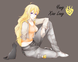 Rule 34 | 1girl, ahoge, amputee, black cat, breasts, brown background, cat, character name, cleavage, groin, inu0831, large breasts, long hair, midriff, navel, pants, rwby, solo, spoilers, yang xiao long