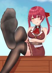 Rule 34 | 1girl, crossed arms, crossed legs, feet, heterochromia, highres, hololive, houshou marine, licking lips, long hair, looking at viewer, pov, red eyes, red hair, see-through, see-through legwear, sitting, soles, steam, toes, tongue, tongue out, twintails, virtual youtuber, yellow eyes