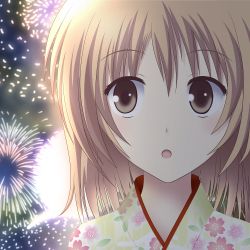 Rule 34 | 1girl, :o, aerial fireworks, brown eyes, brown hair, fireworks, japanese clothes, kimono, night, onicchi, original, solo