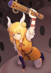 Rule 34 | 1girl, armor, armored dress, blonde hair, bloomers, collarbone, dark background, double bun, dress, elbow gloves, frilled sleeves, frills, from above, gloves, hair bun, hand up, haniwa (statue), highres, holding, holding weapon, joutouguu mayumi, kakone, kneeling, looking up, solo, touhou, underwear, weapon, yellow dress, yellow eyes