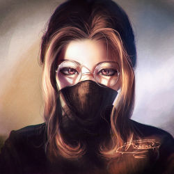 Rule 34 | 1girl, axsen, blonde hair, brown eyes, covered mouth, eyelashes, glasses, mask, mouth mask, ninja mask, original, portrait, realistic, signature, solo, sparkle, turtleneck, two side up, watermark, web address