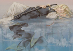 Rule 34 | 1boy, black robe, blonde hair, blue eyes, chinese clothes, cloud, different reflection, enki (juuni kokuki), feet out of frame, grey background, hanfu, highres, holding, holding sword, holding weapon, juuni kokuki, knee up, long hair, long sleeves, looking to the side, lying, male focus, on back, pants, reflection, reflective water, robe, sad, shuashu, solo, sword, tassel, water, weapon, white pants