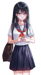 1girl bag black_hair blue_sailor_collar blue_skirt blush bracelet closed_mouth highres jewelry kani_(kkk_kani) long_hair looking_at_viewer original own_hands_together pleated_skirt purple_eyes red_neckwear sailor_collar school_bag school_uniform serafuku shirt short_sleeves simple_background skirt solo standing white_background white_shirt