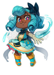 Rule 34 | 1girl, blue eyes, blue footwear, blue hair, boots, bow, chibi, commission, curly hair, dark-skinned female, dark skin, drill hair, elbow gloves, gloves, magical girl, multicolored eyes, quad drills, sleepless domain, smile, solo, sora-mito, undine wells, white gloves