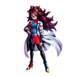 Rule 34 | 1girl, android 21, ankle boots, black-framed eyewear, black gloves, black nails, black pantyhose, blue dress, blue footwear, boots, breasts, checkered clothes, checkered dress, covered erect nipples, dragon ball, dragon ball fighterz, dragon ball legends, dress, earrings, elbow gloves, energy ball, eyelashes, female focus, fingernails, floating hair, foot out of frame, glasses, gloves, glowing, grey eyes, hands up, high collar, highres, hoop earrings, impossible clothes, jewelry, lab coat, large breasts, leg up, long hair, looking at viewer, nail polish, official art, pantyhose, red dress, red footwear, red hair, short dress, simple background, sleeveless, sleeveless dress, smile, solo, tareme, teeth, two-tone dress, white background, young jijii