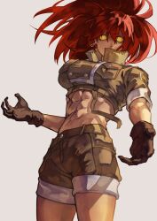 Rule 34 | 1girl, abs, absurdres, alternate hair color, black gloves, breasts, dark persona, gloves, glowing, glowing eyes, green jacket, green shorts, highres, jacket, leona heidern, midriff, military uniform, muscular, muscular female, orochi leona, ponytail, red eyes, red hair, short sleeves, shorts, soldier, solo, suspenders, syachiiro, the king of fighters, uniform, yellow eyes