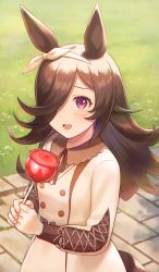 Rule 34 | 1girl, :d, absurdres, animal ears, blush, brown hair, candy apple, commentary request, day, dress, food, grass, hair over one eye, hair ribbon, highres, holding, holding food, horse ears, horse girl, horse tail, long hair, long sleeves, looking at viewer, open mouth, outdoors, own hands together, path, purple eyes, ribbon, rice shower (umamusume), road, smile, solo, tail, umamusume, white dress, white ribbon, yuko666