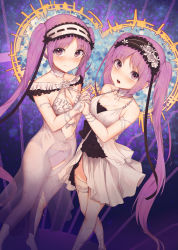 Rule 34 | 2girls, absurdres, bare shoulders, breasts, bridal garter, cleavage, closed mouth, collarbone, dress, dutch angle, euryale (fate), euryale (third ascension) (fate), fate/grand order, fate/hollow ataraxia, fate (series), from above, hairband, highres, jewelry, long hair, looking at viewer, medium breasts, multiple girls, necklace, open mouth, panties, parted bangs, purple eyes, purple hair, see-through, siblings, sidelocks, sisters, smile, standing, stheno (fate), stheno (third ascension) (fate), twins, twintails, underwear, very long hair, white dress, yin (azse2432)