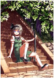 Rule 34 | 1girl, arm support, artist name, ass, blue eyes, bob cut, collared shirt, crack, cracked floor, dated, hair ribbon, hairband, highres, katana, knee blush, kneehighs, konpaku youmu, leaning back, looking at viewer, mary janes, nsio, outdoors, ribbon, shading, shirt, shoes, short hair, signature, silver hair, sitting, sitting on stairs, skirt, socks, solo, stairs, straight hair, sword, touhou, tree, weapon