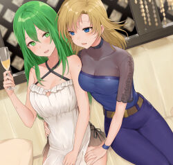 Rule 34 | 2girls, :d, alternate costume, blonde hair, blue eyes, breasts, cleavage, collarbone, commentary request, criss-cross halter, dress, dutch angle, fire emblem, fire emblem: path of radiance, fire emblem: radiant dawn, green eyes, green hair, hair down, halterneck, hand on another&#039;s hip, hand on another&#039;s thigh, haru (nakajou-28), heather (fire emblem), long hair, medium breasts, multiple girls, nephenee (fire emblem), nintendo, open mouth, pants, partial commentary, purple pants, short sleeves, sitting, smile, straight hair, sweatdrop, white dress, wristband, yuri
