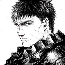 Rule 34 | 1boy, armor, berserk, berserker armor, closed mouth, commentary, from side, greyscale, guts (berserk), looking at viewer, looking to the side, male focus, monochrome, one eye closed, portrait, scar, scar on face, scar on nose, short hair, shu-mai, sideways glance, simple background, solo, upper body, white background