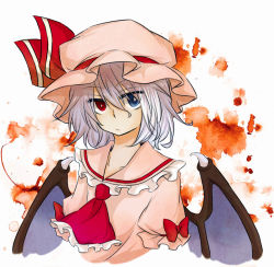 Rule 34 | 1girl, :/, ascot, bat wings, blue eyes, blue hair, bow, collarbone, expressionless, female focus, frills, hat, hat bow, heterochromia, looking at viewer, matching hair/eyes, red eyes, remilia scarlet, short hair, short sleeves, solo, touhou, white background, wings, yuuta (monochrome)