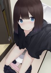 Rule 34 | 1girl, arm up, between legs, black sweater, blue eyes, blue skirt, blush, bow, bow panties, brown hair, closed mouth, clothes pull, door, drawstring, female focus, flat chest, from above, hand between legs, highres, hood, hood down, hooded sweater, indoors, kanekan, long sleeves, miniskirt, nose blush, original, outstretched arm, panties, panty pull, pee, peeing, pink panties, pleated skirt, selfie, short hair, sidelocks, sitting, skirt, skirt pull, solo, split mouth, sweat, sweater, thighs, toilet use, underwear