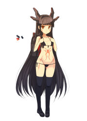 Rule 34 | 1girl, :d, backpack, bag, bare shoulders, bikini, black bikini, blue thighhighs, blunt bangs, blush, choker, closed mouth, color guide, commentary request, dark-skinned female, dark skin, detached sleeves, dire miralis, facial mark, flat chest, full body, grey choker, grey hair, grey thighhighs, hairband, hands up, hat, horns, long sleeves, mary janes, monster hunter (series), ohta yuichi, open mouth, orange eyes, personification, randoseru, shoes, short hair, side-tie bikini bottom, simple background, smile, solo, standing, stomach tattoo, striped clothes, striped thighhighs, swimsuit, tattoo, thighhighs, vertical-striped clothes, vertical-striped thighhighs, white background