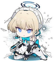 Rule 34 | 1girl, apron, black dress, black gloves, blonde hair, blue archive, blue bow, blue eyes, boots, bow, bullet hole, chibi, commentary request, dress, elbow gloves, fingerless gloves, frilled apron, frills, full body, gloves, halo, headset, looking at viewer, maid, maid apron, maid headdress, nyaru (nyaru 4126), parted lips, simple background, sleeveless, sleeveless dress, solo, thigh boots, toki (blue archive), white apron, white background, white footwear
