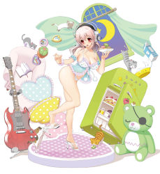 Rule 34 | 1girl, arm garter, babydoll, bare shoulders, blush, book, bracelet, breasts, cake, cat, chair, cleavage, feet, food, guitar, guitar stand, headphones, heart, heart panties, heart print, high heels, highres, instrument, jewelry, large breasts, lingerie, long hair, macaron, milk, nitroplus, official art, open mouth, panties, pink hair, print panties, red eyes, refrigerator, shoe dangle, shoes, solo, super sonico, sweets, toes, too many, too many cats, transparent, tsuji santa, underwear, window