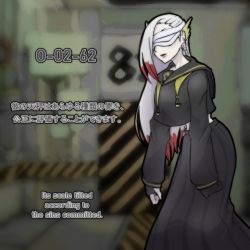 Rule 34 | 1girl, asymmetrical hair, balance scale, bandaged head, bandages, bandages over eyes, clenched hands, covered eyes, drawstring, earrings, english text, fingerless gloves, gloves, head wings, huyusaki taiga, jewelry, judgement bird, leaning forward, light smile, lobotomy corporation, long hair, long skirt, long sleeves, multicolored hair, personification, project moon, red hair, sailor collar, skirt, sleeves past wrists, solo, two-tone hair, weighing scale, white hair, wings