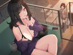 Rule 34 | 2girls, bad perspective, black bra, black hair, black panties, bra, breasts, cellphone, cleavage, dress, finger to mouth, fingernails, hayabusa (vert 320), highres, indoors, large breasts, long fingernails, long hair, looking at viewer, mole, mole on breast, mole under eye, multiple girls, nail polish, non-web source, off-shoulder sweater, off shoulder, original, panties, phone, saliva, sidelocks, sitting, slit pupils, smartphone, sweater, sweater dress, tongue, tongue out, underwear, yellow eyes