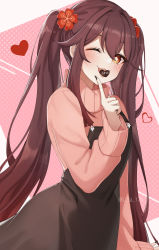 Rule 34 | 1girl, alternate costume, apron, black apron, black nails, brown eyes, brown hair, candy, chocolate, chocolate heart, finger to mouth, flower, flower-shaped pupils, food, food in mouth, genshin impact, gya (144), hair between eyes, hair flower, hair ornament, heart, highres, hu tao (genshin impact), long hair, looking at viewer, nail polish, one eye closed, open mouth, solo, sweater, symbol-shaped pupils, tongue, tongue out, turtleneck, turtleneck sweater, twintails, valentine, very long hair