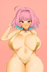 Rule 34 | 1girl, ahoge, aqua hair, arm behind back, bare arms, bare shoulders, belt, belt collar, bikini, blush, bob cut, breasts, breasts apart, choker, collar, collarbone, colored inner hair, curvy, dated commentary, fang, gold bikini, gradient hair, hair intakes, hand in own hair, heart collar, highres, huge breasts, idolmaster, idolmaster cinderella girls, idolmaster cinderella girls starlight stage, looking at viewer, multicolored hair, navel, nervous, open mouth, pincerpencil, pink background, pink belt, pink choker, pink collar, pink eyes, pink hair, simple background, slingshot swimsuit, smile, solo, stomach, sweat, swimsuit, thick thighs, thighs, trembling, two-tone hair, wide hips, yumemi riamu