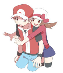 Rule 34 | 1boy, 1girl, bad id, bad pixiv id, baseball cap, blue overalls, blue pants, bow, brown eyes, brown hair, cabbie hat, commentary request, creatures (company), game freak, hat, hat bow, highres, jacket, long hair, lyra (pokemon), nintendo, open mouth, overalls, pants, pokemon, pokemon frlg, pokemon hgss, pumpkinpan, red (pokemon), red bow, red headwear, red jacket, red shirt, shirt, short hair, short sleeves, sleeveless, sleeveless jacket, sweatdrop, t-shirt, thighhighs, white headwear