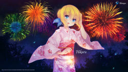 Rule 34 | 1girl, aizawa hikaru, blonde hair, fireworks, highres, japanese clothes, kimono, microsoft, pink kimono, silverlight, solo, yukata