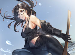 Rule 34 | 1girl, bare shoulders, black-framed eyewear, black gloves, black hair, black jacket, black pants, black shirt, blue sky, breasts, brown eyes, cleavage, day, dutch angle, glasses, gloves, highres, holding, holding sword, holding weapon, jacket, large breasts, long hair, long sleeves, looking at viewer, minakata hizuru, mole, mole under mouth, navel, off shoulder, open clothes, open jacket, outdoors, pants, parted lips, shirt, sky, solo, summertime render, sword, tank top, teddy (khanshin), water drop, weapon, wet, wet clothes, wooden sword