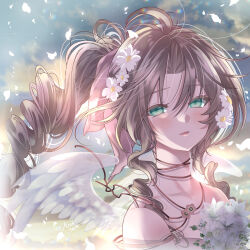 1girl absurdres aerith_gainsborough arestear0701 artist_name bare_shoulders blush brown_hair choker dress falling_petals feathered_wings final_fantasy final_fantasy_vii final_fantasy_vii_remake flower flower_choker green_eyes hair_between_eyes hair_flower hair_ornament hair_ribbon highres looking_at_viewer parted_bangs parted_lips petals pink_dress pink_ribbon ponytail ribbon ribbon_choker sidelocks solo strap_slip upper_body wavy_hair white_flower white_wings wings