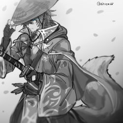 Rule 34 | 1boy, beard, blue eyes, facial hair, greyscale, hat, holding, holding sword, holding weapon, japanese clothes, katana, kimono, limited palette, male focus, monochrome, nyifu, original, rice hat, sheath, sheathed, simple background, solo, sword, tail, weapon