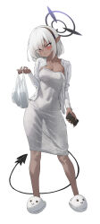 Rule 34 | 1girl, absurdres, alternate costume, alternate hair length, alternate hairstyle, animal slippers, averting eyes, b-pang, bag, blue archive, blush, breasts, cardigan, cellphone, cleavage, contrapposto, covered navel, dark skin, dress, full body, grey dress, hair over one eye, hairband, halo, highres, holding, holding bag, holding phone, iori (blue archive), medium breasts, medium hair, phone, plastic bag, pointy ears, purple halo, red eyes, see-through silhouette, simple background, slippers, smartphone, solo, standing, straight-on, tail, white background, white cardigan, white hair