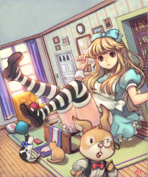 Rule 34 | 1girl, alice (alice in wonderland), alice in wonderland, apron, ask (dreaming cat), blonde hair, bookshelf, bow, carpet, cat, chair, clock, curtains, day, dress, frown, giant, giantess, hair bow, hair ribbon, indoors, legs, long hair, mary janes, monocle, monocle chain, photo (object), pillow, pocket watch, rabbit, ribbon, room, running, shoes, striped clothes, striped thighhighs, thighhighs, watch, white rabbit (alice in wonderland), window, wooden floor