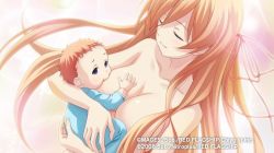 Rule 34 | 1girl, baby, blonde hair, blue eyes, breast sucking, breastfeeding, breasts, censored, chaos;child, closed mouth, collarbone, closed eyes, hair between eyes, hair over breasts, hair over one breast, huge breasts, kurusu nono, large breasts, long hair, mother and son, official art, ribbon, sasaki mutsumi, solo focus, standing