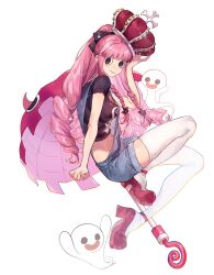 Rule 34 | 1girl, absurdres, black shirt, blue overalls, crop top, crown, denim overalls, drill hair, ghost, highres, long hair, looking at viewer, one piece, overall shorts, overalls, perona, pink footwear, pink hair, shirt, shoes, simple background, solo, thighhighs, umbrella, white background, white thighhighs, xuchuan