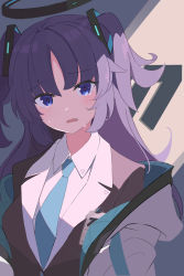 Rule 34 | 1girl, aqua necktie, black suit, blue archive, blue eyes, breasts, collared shirt, crying, crying with eyes open, formal, halo, highres, id card, jacket, jacket partially removed, light blush, light frown, looking at viewer, medium breasts, memoi, necktie, purple hair, shade, shirt, solo, standing, suit, tears, twintails, upper body, white jacket, white shirt, yuuka (blue archive)
