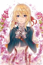Rule 34 | 1girl, :|, blonde hair, bougainvillea (flower), braid, closed mouth, glint, hair ribbon, hands up, highres, kinyoko, long sleeves, looking at viewer, prosthesis, prosthetic hand, red ribbon, ribbon, simple background, solo, standing, twitter username, upper body, violet evergarden, violet evergarden (series)