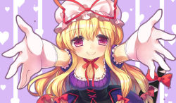 Rule 34 | 1girl, blonde hair, blush, bow, breasts, cleavage, corset, dress, elbow gloves, gap (touhou), gloves, hair bow, half-closed eyes, hat, hat bow, heart, heart background, long hair, looking at viewer, outstretched arms, purple eyes, ribbon, silveroid, simple background, smile, solo, spread arms, striped, striped background, touhou, white gloves, yakumo yukari