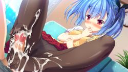 Rule 34 | 1girl, between breasts, blue hair, blush, breasts, cameltoe, clock, closed mouth, couch, cum, cum on body, cum on clothes, cum on feet, cum on lower body, embarrassed, erection, feet, footjob, game cg, groin, hand on own chest, hinata nao, imouto paradise!, imouto paradise! 3, indoors, legs, looking down, lying, moonstone, nanase rika, no shoes, panties, panties under pantyhose, pantyhose, pantyshot, penis, red eyes, school uniform, sitting, skirt, small breasts, solo focus, thighs, toes, twintails, uncensored, underwear