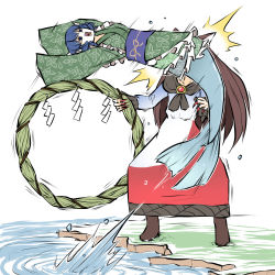 Rule 34 | 2girls, black dress, blue hair, boots, brooch, brown hair, dress, failure, fingernails, fins, floral print, green kimono, head fins, highres, imaizumi kagerou, japanese clothes, jewelry, kimono, long hair, long sleeves, mermaid, misty lake, monster girl, multicolored clothes, multicolored dress, multiple girls, nail polish, obi, open mouth, peroponesosu., red dress, red nails, rope, sash, sharp fingernails, shimenawa, short hair, simple background, smack, touhou, wakasagihime, water, white background, white dress, wide sleeves