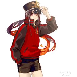 Rule 34 | 1girl, adjusting clothes, adjusting headwear, black hair, collar, cowboy shot, crest, family crest, fate/grand order, fate (series), fire, goya (xalbino), hair between eyes, hand in pocket, hat, jacket, long hair, long sleeves, looking at viewer, male focus, multicolored hair, oda nobukatsu (fate), oda uri, orange hair, peaked cap, ponytail, red eyes, shorts, sidelocks, signature, solo, two-tone hair, upper body, white background