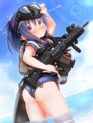 Rule 34 | 1girl, absurdres, backpack, bag, blue eyes, blue one-piece swimsuit, blue sailor collar, blue sky, cloud, day, dutch angle, flippers, goggles, goggles on head, grin, gun, highres, lens flare, medium hair, one-piece swimsuit, original, outdoors, purple eyes, sailor collar, sailor shirt, school swimsuit, shirt, sky, smile, solo, suzushiro (gripen39), swimsuit, swimsuit under clothes, wading, water, weapon, weapon request