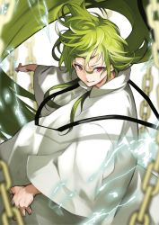 Rule 34 | 1boy, absurdres, androgynous, chain, commentary request, enkidu (fate), fate/strange fake, fate (series), fighting stance, green hair, highres, kingu (fate), lightning, long hair, long sleeves, looking at viewer, red eyes, robe, smile, smirk, solo, very long hair, yoshio (55level)