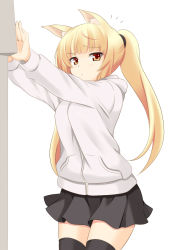 Rule 34 | 1girl, ^^^, animal ears, bad id, bad pixiv id, black thighhighs, blonde hair, hood, long hair, looking at viewer, original, pleated skirt, simple background, skirt, solo, sweater, thighhighs, twintails, violetshit, white background, yellow eyes, zettai ryouiki