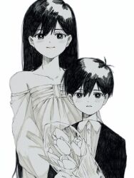 Rule 34 | 1boy, 1girl, bare shoulders, blush, bright pupils, closed mouth, dot nose, dress, formal, greyscale, hashtag-only commentary, long hair, looking at viewer, mari (omori), monochrome, omori, parted lips, sawaki (2d1ty), short hair, simple background, smile, straight-on, suit, sunny (omori), upper body, very long hair, white background