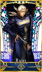 Rule 34 | 1boy, card (medium), card parody, cassock, character name, contrapposto, crossover, dark-skinned male, dark skin, enrico pucci, fate/grand order, fate (series), hand on own hip, jojo no kimyou na bouken, male focus, multiple tails, mutton chops, ponytail, pppuni, servant card (fate/grand order), solo, stained glass, star-shaped pupils, star (symbol), stone ocean, symbol-shaped pupils, tail, white hair