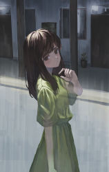 Rule 34 | 1girl, :/, absurdres, arm at side, brown eyes, brown hair, closed mouth, door, eyebrows hidden by hair, flower pot, from side, ghost, green shirt, green skirt, hand up, highres, long hair, looking at viewer, natari, picture frame, shirt, short sleeves, skirt, skirt set, solo, upper body, vase