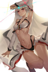 Rule 34 | 1girl, altera (fate), armpits, artist request, black panties, blunt bangs, blush, body markings, breasts, bridal veil, curvy, dark-skinned female, dark skin, fate/grand order, fate (series), female focus, glint, highres, lips, looking at viewer, medium breasts, midriff, navel, panties, red eyes, revealing clothes, short hair, silver hair, simple background, solo, sparkle, thighs, underwear, veil, white background, wide hips