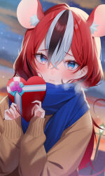 Rule 34 | 1girl, absurdres, animal ear fluff, animal ears, aotake iro, black hair, blue scarf, blue sky, blurry, blurry background, blush, box, breath, brown jacket, closed mouth, cloud, cloudy sky, commentary request, depth of field, enpera, gift, gift box, hair between eyes, hakos baelz, hands up, heart-shaped box, highres, holding, holding gift, hololive, hololive english, jacket, lamppost, long sleeves, looking at viewer, mouse ears, mouse girl, mouse tail, multicolored hair, outdoors, puffy long sleeves, puffy sleeves, red hair, scarf, sky, sleeves past wrists, solo, streaked hair, sunset, tail, upper body, virtual youtuber, white hair